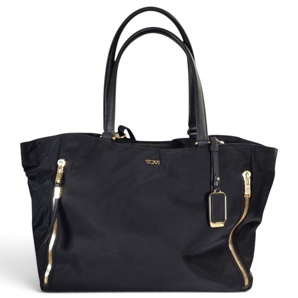 TUMI Voyageur Valetta Large Tote Bag Black Gold Nylon Leather Laptop Travel
